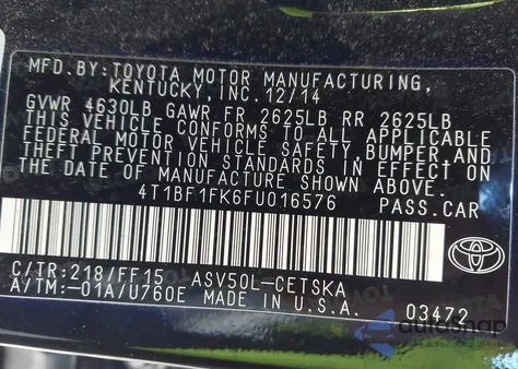 2015 Toyota Camry Se from USA, damaged, VIN 4T1BF1FK6FU016576